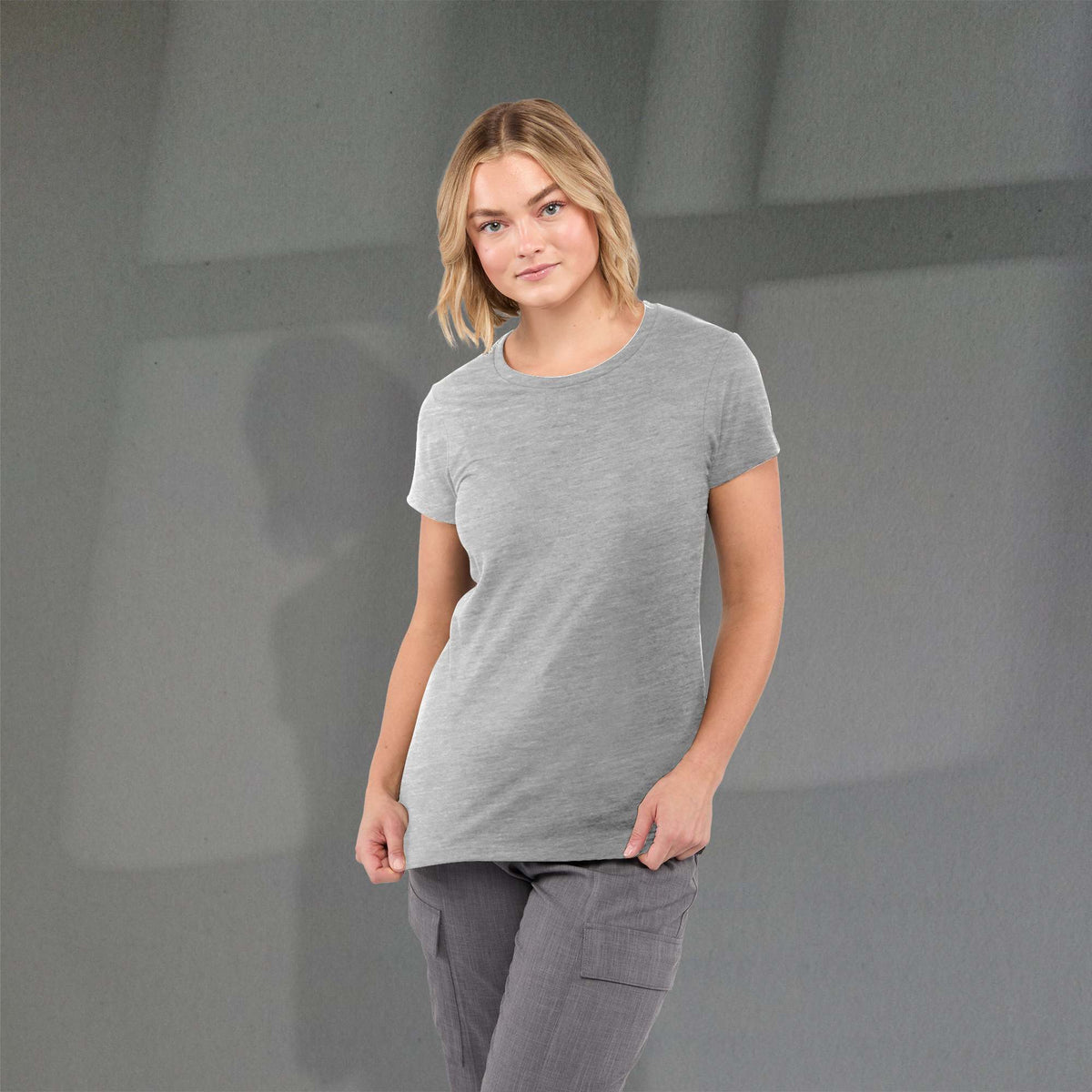 Bodie Crew Neck Tee with Chainstitch Collar for Women Transfer - Medium Heather Grey - Front On Model 3