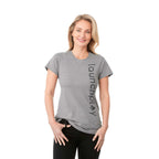 Bodie Crew Neck Tee with Chainstitch Collar for Women Transfer - Medium Heather Grey - Front On Model