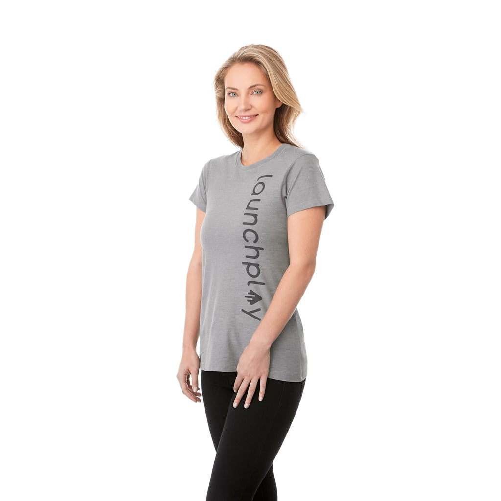 Bodie Crew Neck Tee with Chainstitch Collar for Women Transfer - Medium Heather Grey - On Model