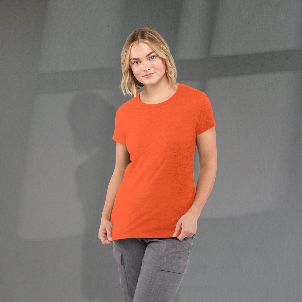Bodie Crew Neck Tee with Chainstitch Collar for Women Transfer - Orange Heather - Front On Model
