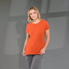 Bodie Crew Neck Tee with Chainstitch Collar for Women Transfer - Orange Heather - Front On Model