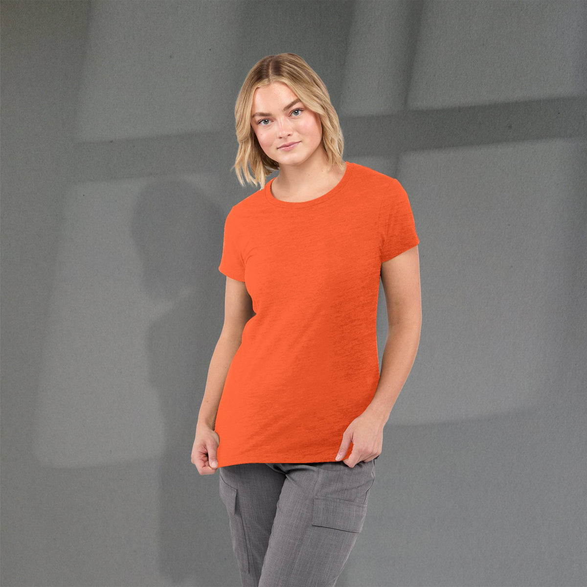 Bodie Crew Neck Tee with Chainstitch Collar for Women Transfer - Orange Heather - Front On Model