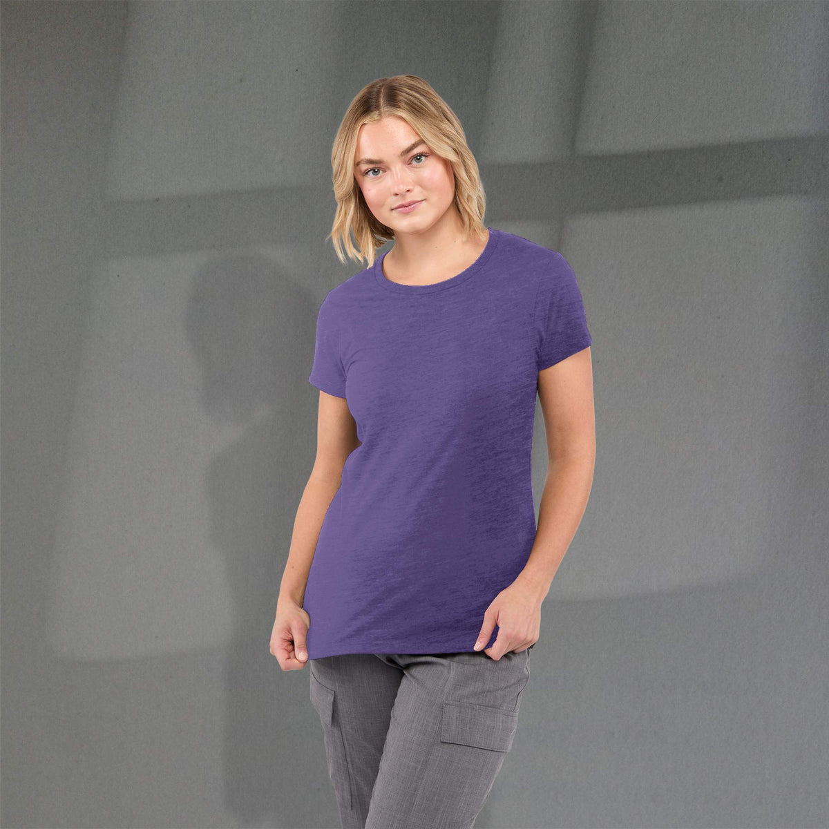 Bodie Crew Neck Tee with Chainstitch Collar for Women Transfer - Purple Heather - Front On Model