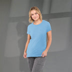 Bodie Crew Neck Tee with Chainstitch Collar for Women Transfer - Sky Heather - Front On Model