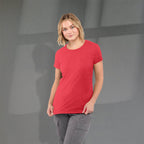 Bodie Crew Neck Tee with Chainstitch Collar for Women Transfer - Team Red Heather - Front On Model