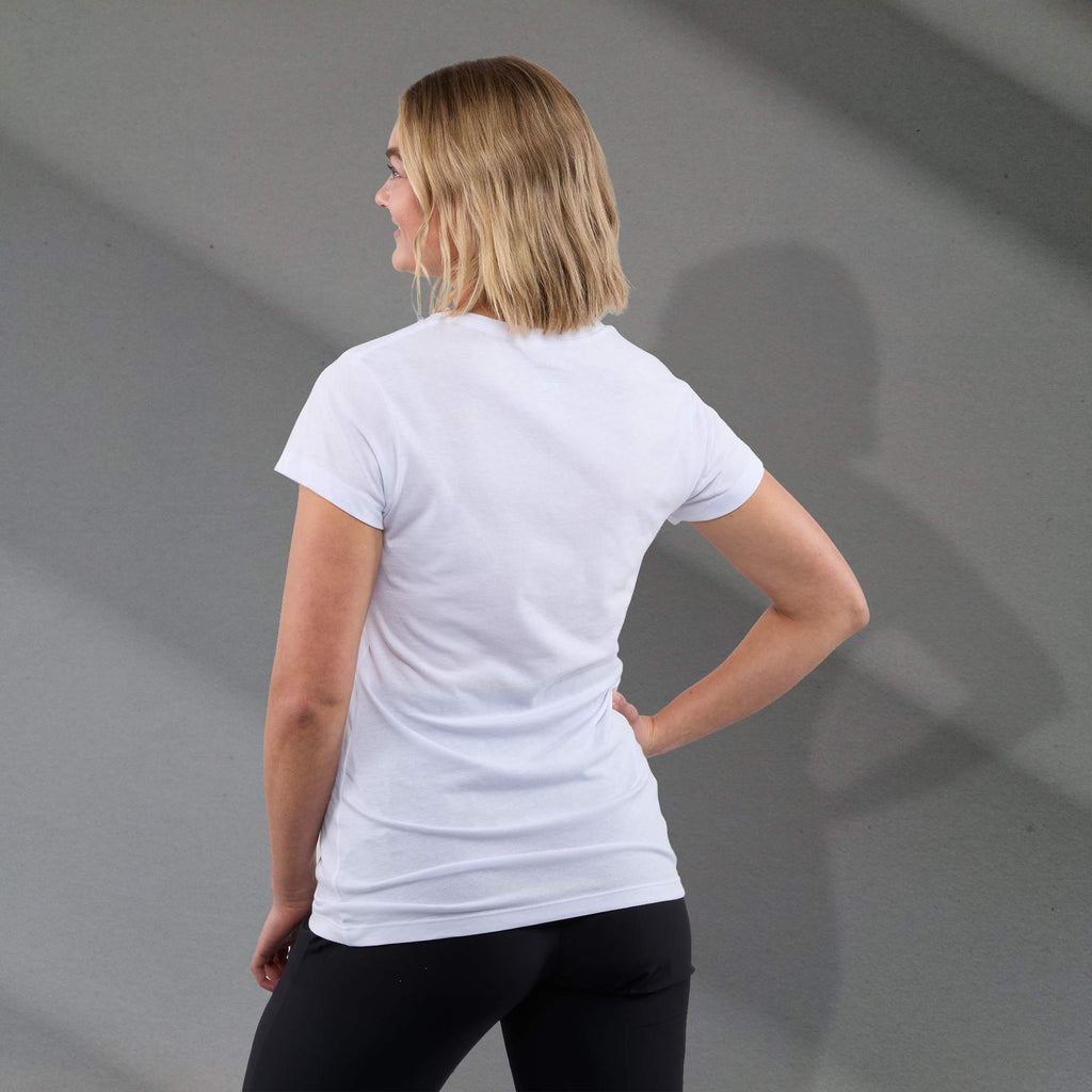 Bodie Crew Neck Tee with Chainstitch Collar for Women Transfer - White - Back On Model