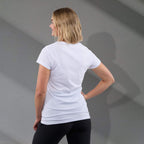 Bodie Crew Neck Tee with Chainstitch Collar for Women Transfer - White - Back On Model