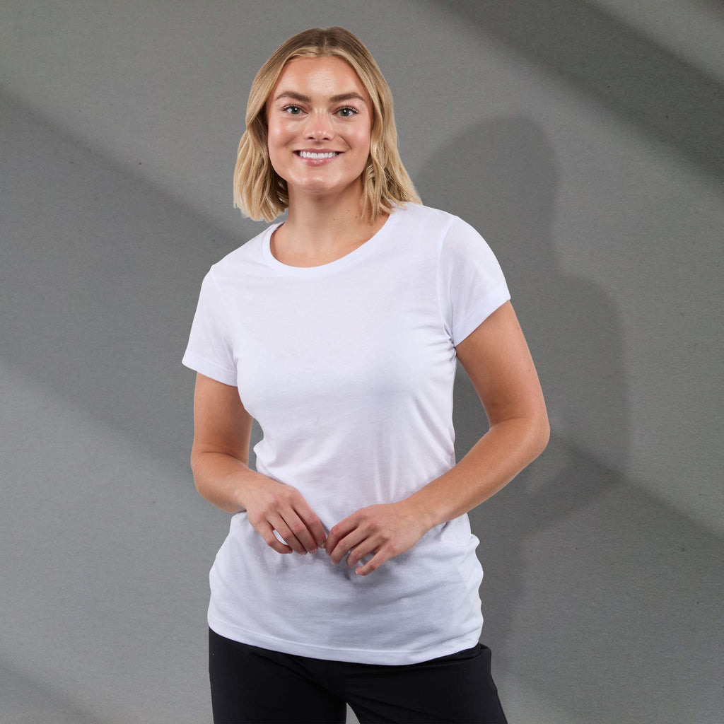 Bodie Crew Neck Tee with Chainstitch Collar for Women Transfer - White - Front On Model