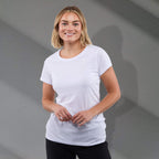 Bodie Crew Neck Tee with Chainstitch Collar for Women Transfer - White - Front On Model