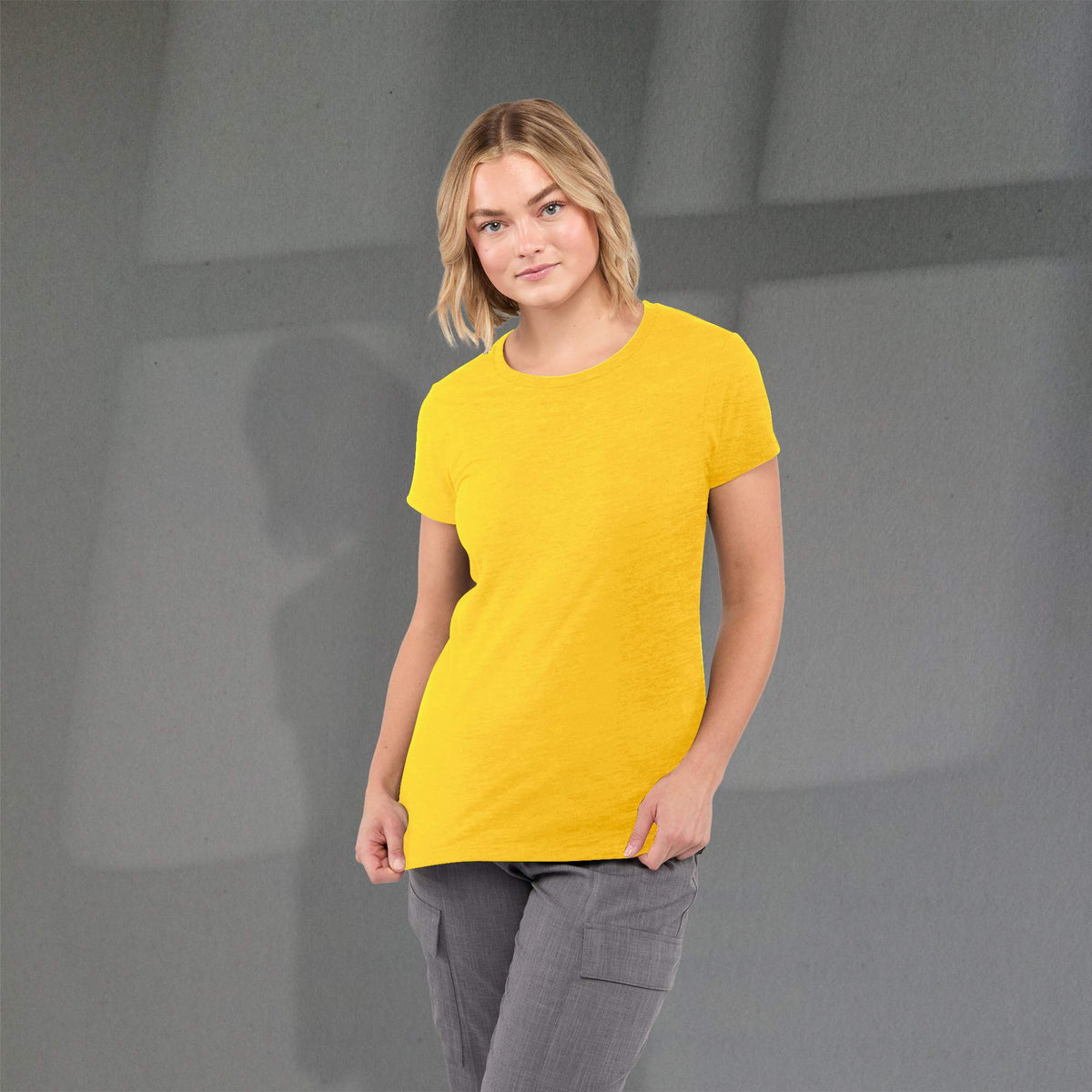 Bodie Crew Neck Tee with Chainstitch Collar for Women Transfer - Yellow Heather - Front On Model