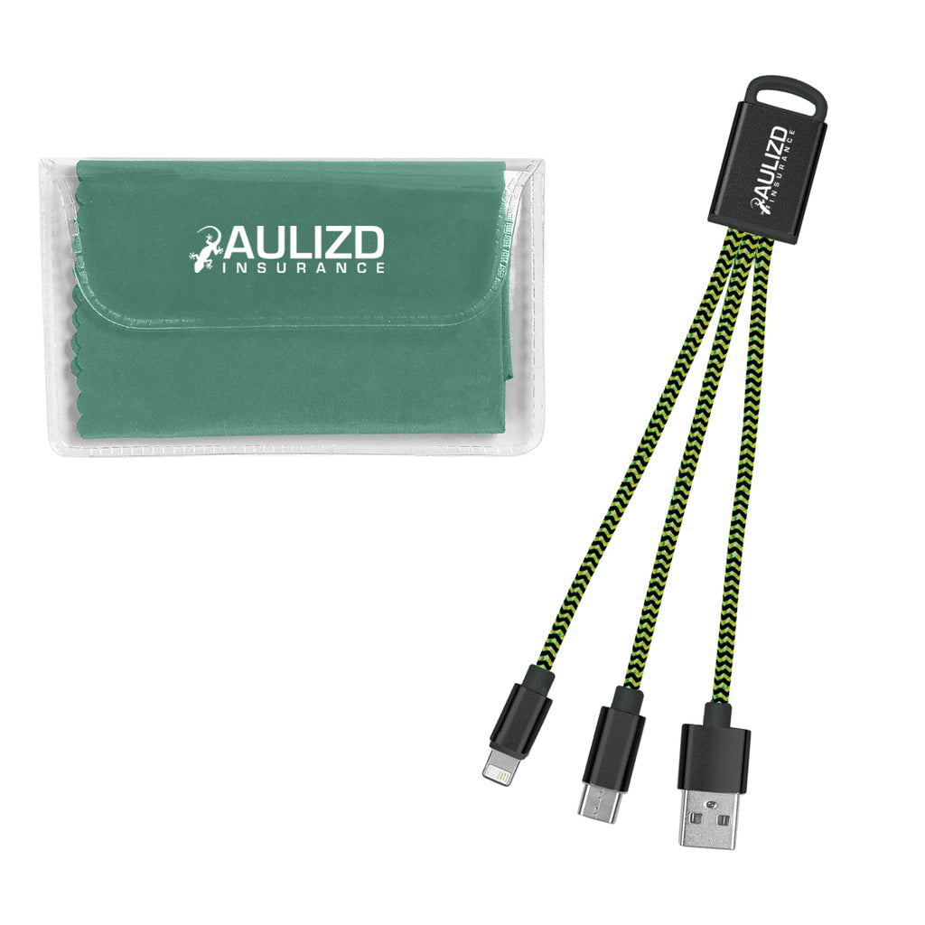 Braided Charging Buddy and Microfiber Cloth Set - Green - Imprint