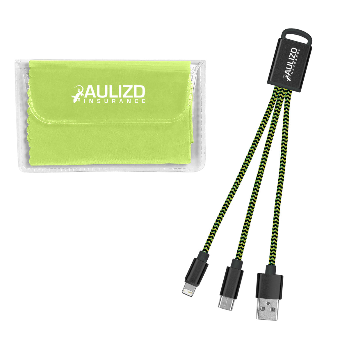 Braided Charging Buddy and Microfiber Cloth Set - Lime Green - Imprint