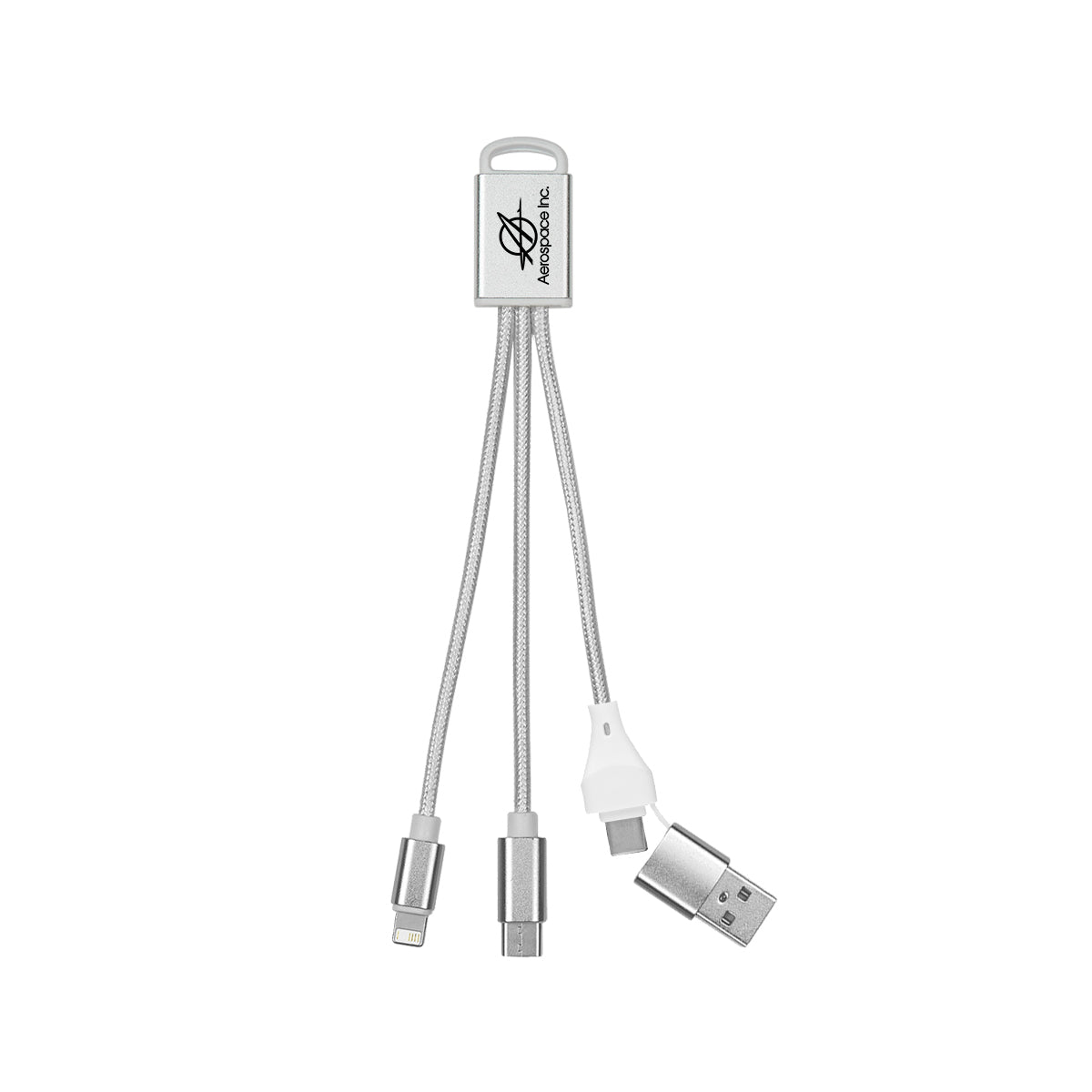 Braided Charging Buddy, Three Connectors - Silver - Pad Print