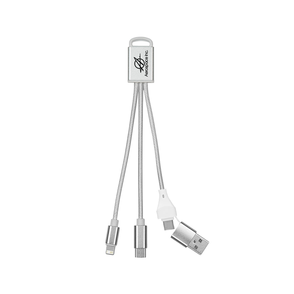 Braided Charging Buddy, Three Connectors - Silver - Pad Print