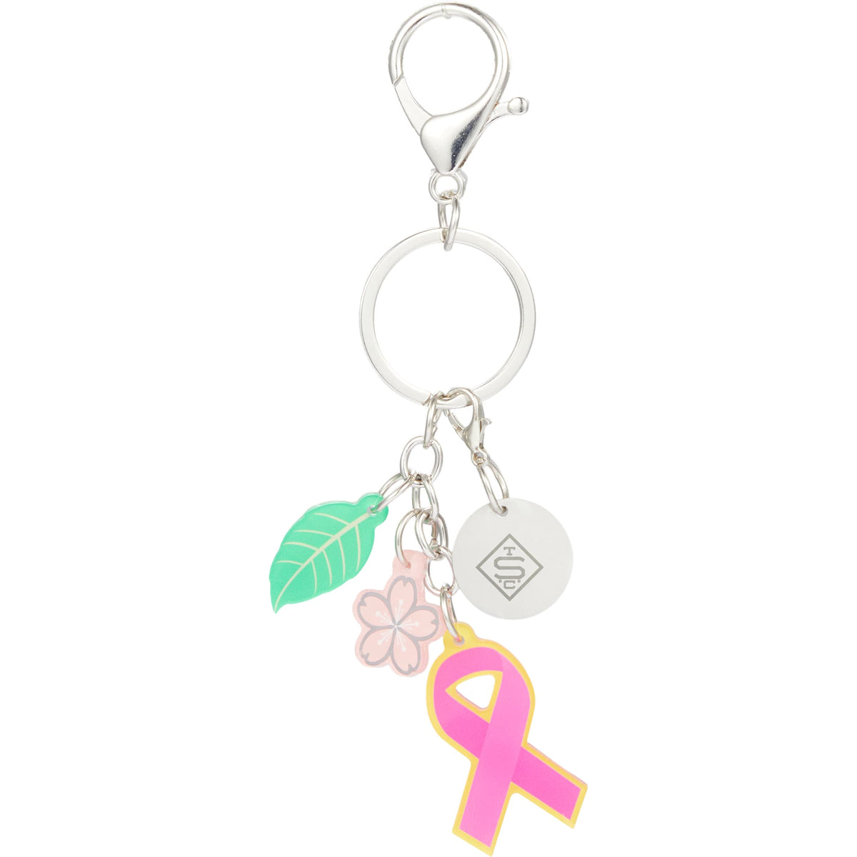Breast Cancer Awareness Keychain with Three Charms Laser Engraving - Pink - Front