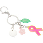 Breast Cancer Awareness Keychain with Three Charms Laser Engraving - Pink - Right Angle