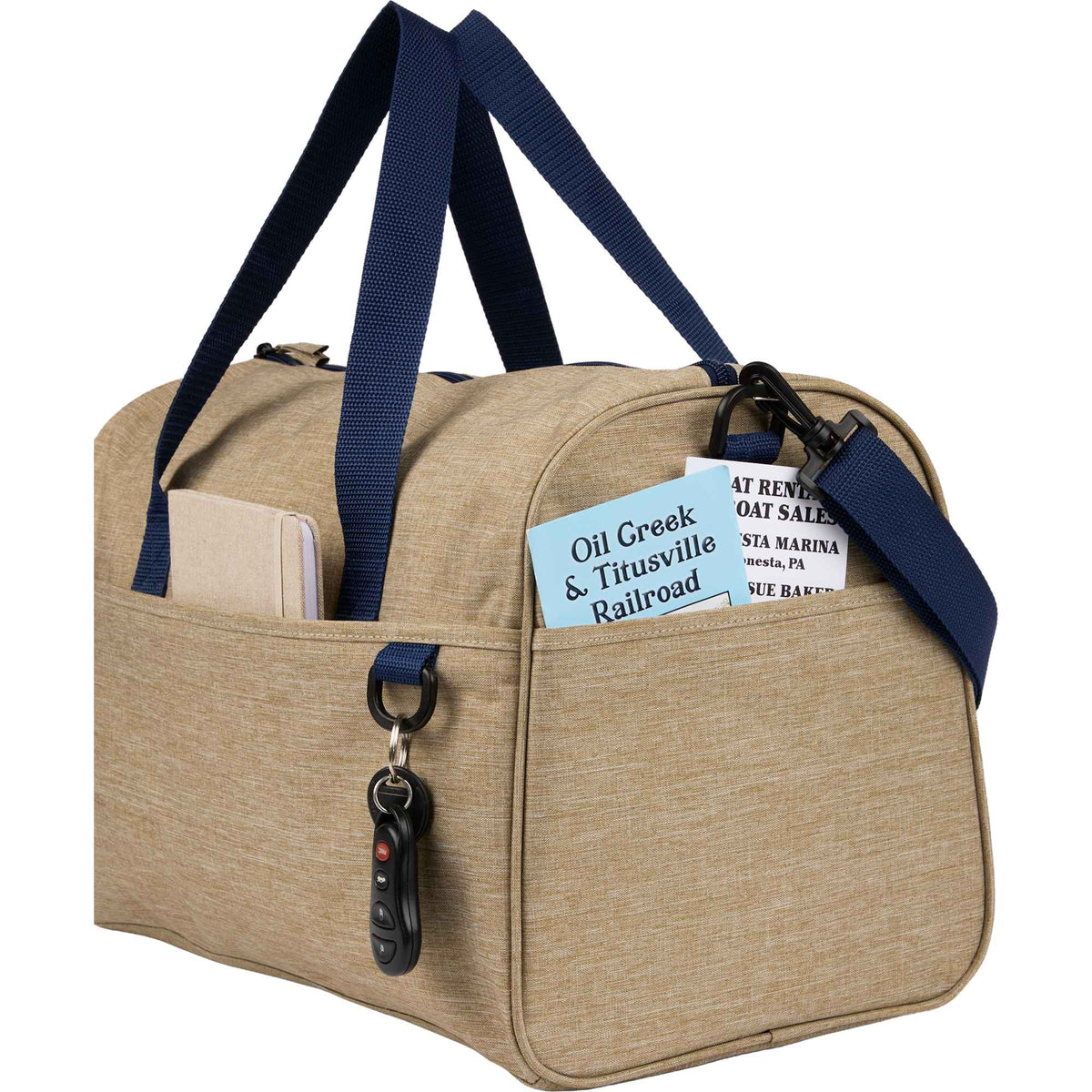 Brighton Duffel Bag with Navy Webbing in Recycled Polyester Embroidery - Tan - Detail 2