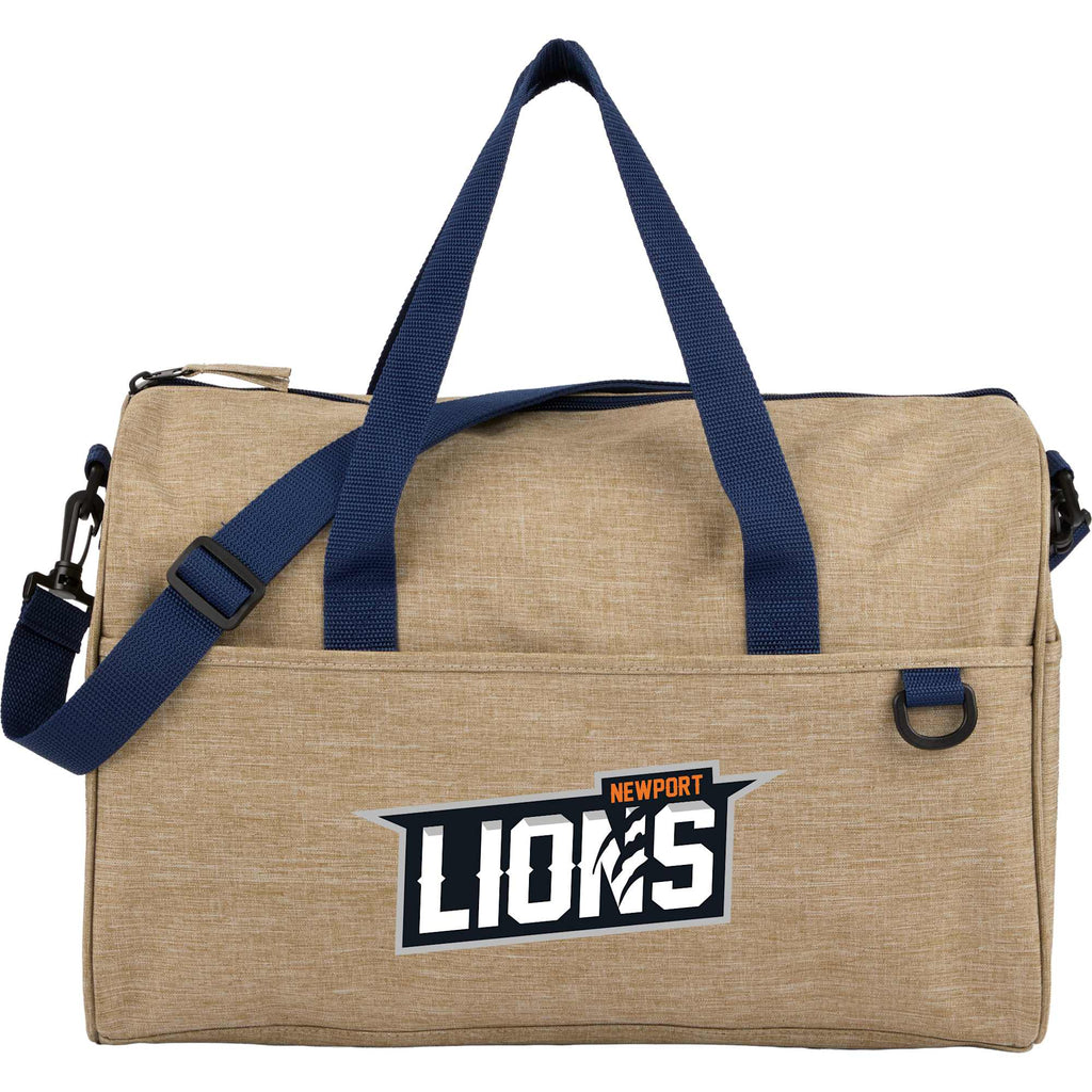 Brighton Duffel Bag with Navy Webbing in Recycled Polyester Embroidery - Tan - Front
