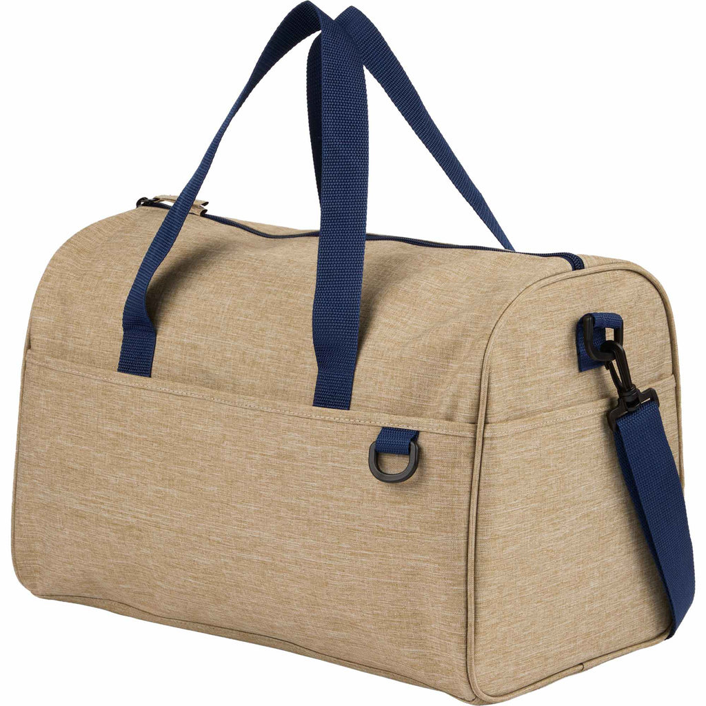 Brighton Duffel Bag with Navy Webbing in Recycled Polyester Embroidery - Tan - Left Angle
