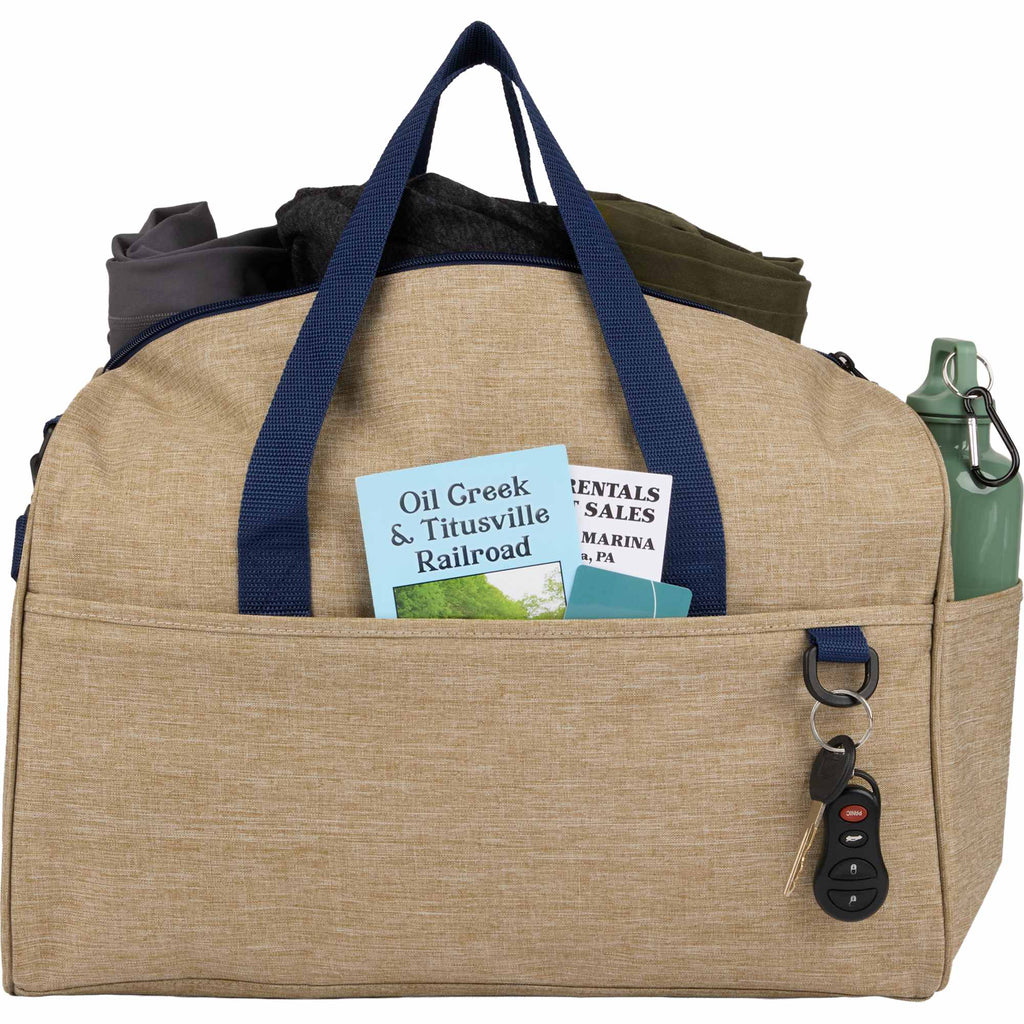 Brighton Duffel Bag with Navy Webbing in Recycled Polyester Embroidery - Tan - Propped