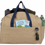 Brighton Duffel Bag with Navy Webbing in Recycled Polyester Embroidery - Tan - Propped