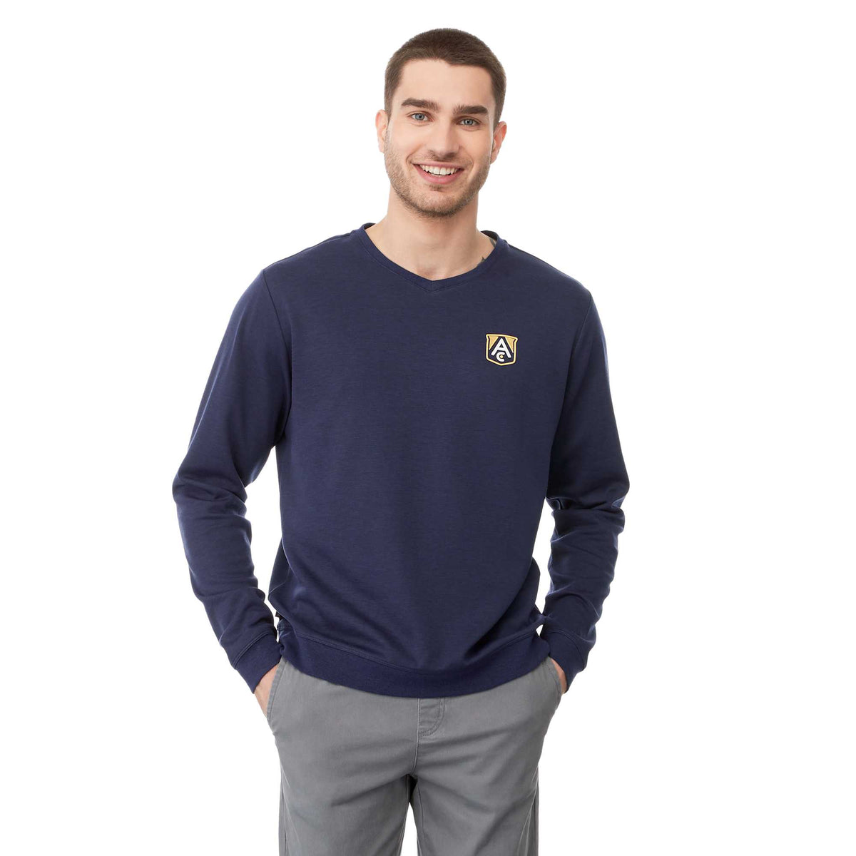 Bromley Knit V-Neck Sweater for Men Transfer - Metro Blue Heather - Front On Model