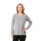 Bromley Knit V-Neck Sweater for Women Transfer - Heather Grey - Front On Model