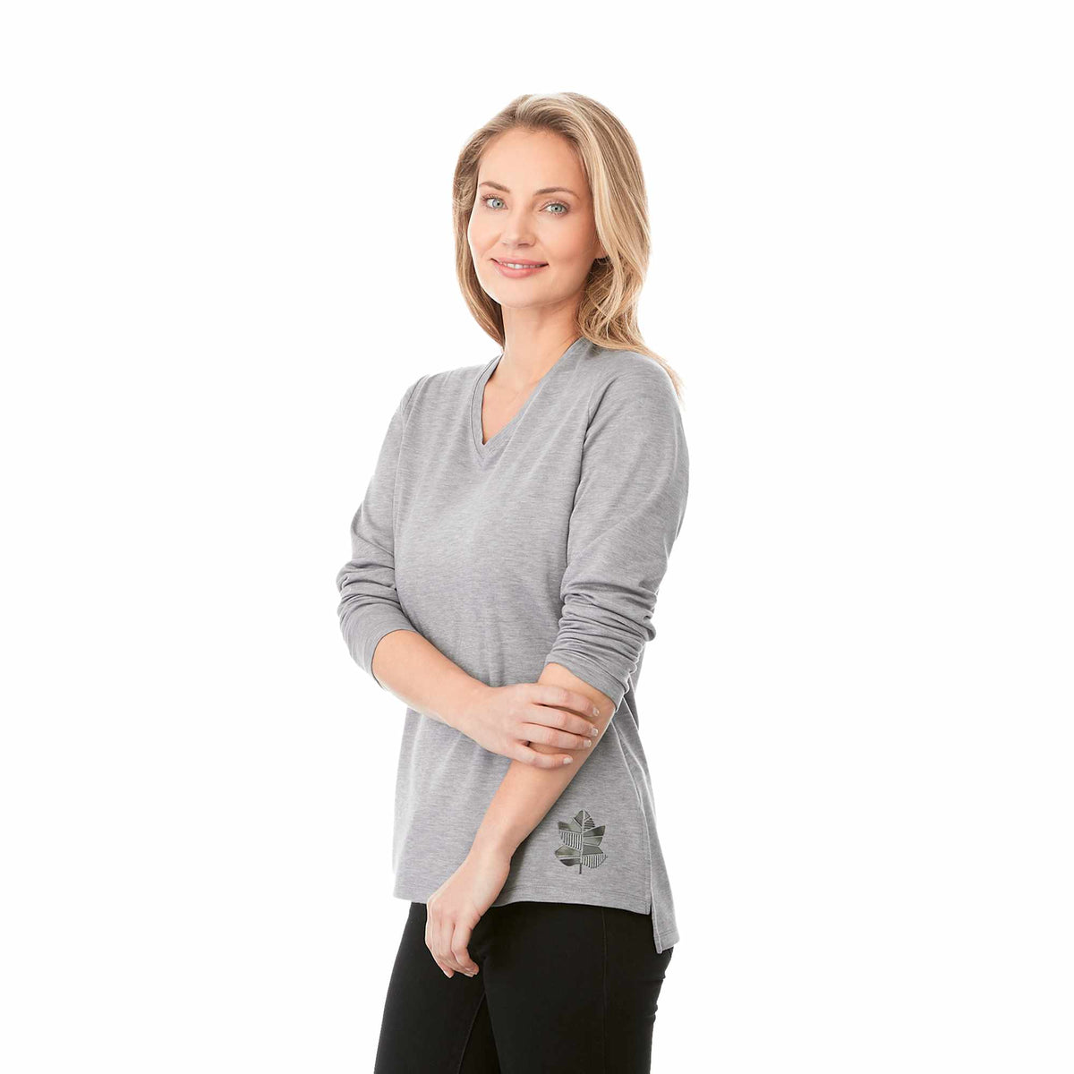 Bromley Knit V-Neck Sweater for Women Transfer - Heather Grey - On Model