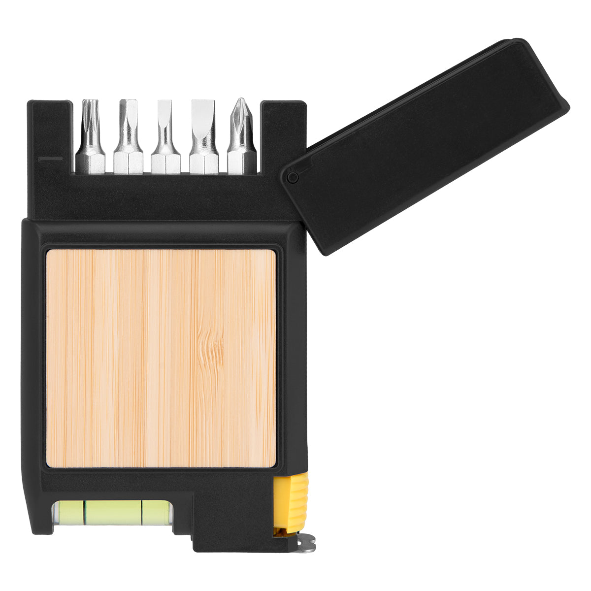 Bruce Bamboo Multi-Tool Tape Measure, Seven-Way - Black with Bamboo - Open