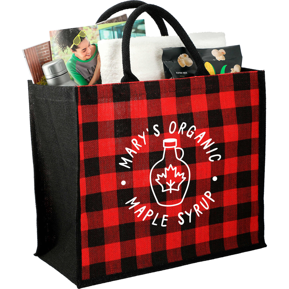 Buffalo Plaid Jute Tote Full Color - Red - Photo