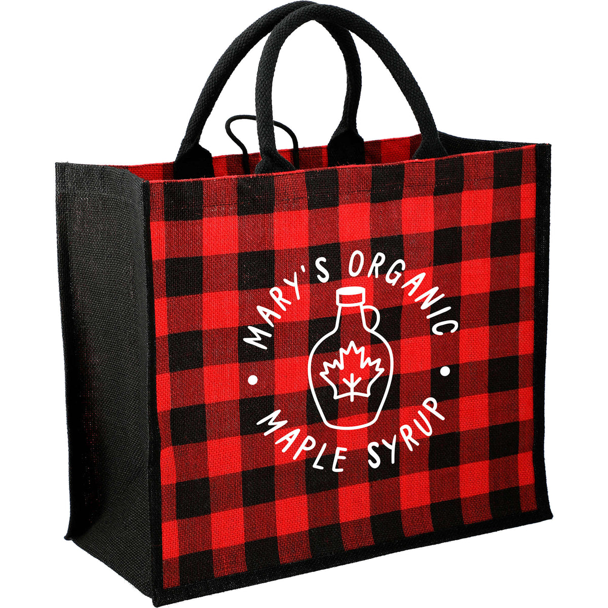 Buffalo Plaid Jute Tote Full Color - Red - Right Angle