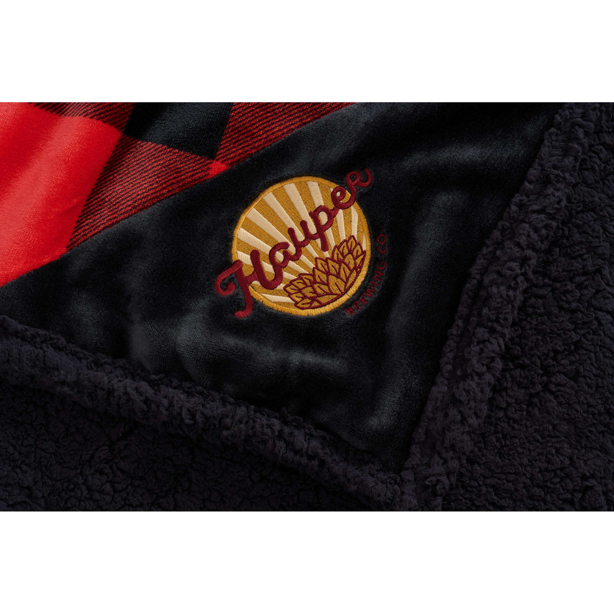 Buffalo Plaid Sherpa Blanket, Red and Black Embroidery - Red/Black - Detail 2