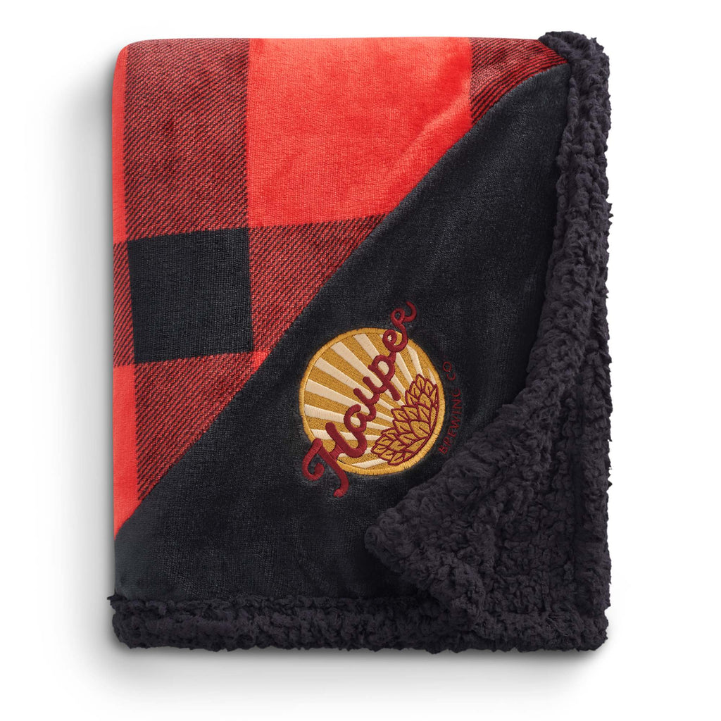 Buffalo Plaid Sherpa Blanket, Red and Black Embroidery - Red/Black - Front