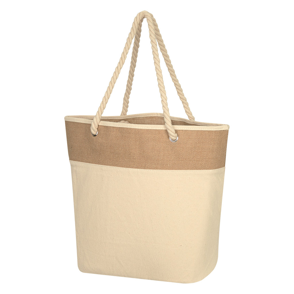 Burlap Rope Cotton Canvas Tote Bag, 12 oz Embroidery - Natural Beige - Angle
