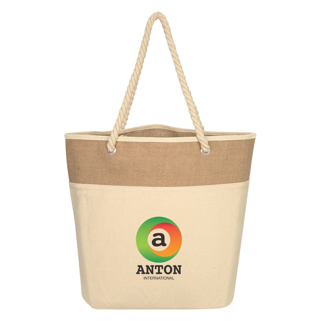 Burlap Rope Cotton Canvas Tote Bag, 12 oz Embroidery - Natural Beige - Colorbrite
