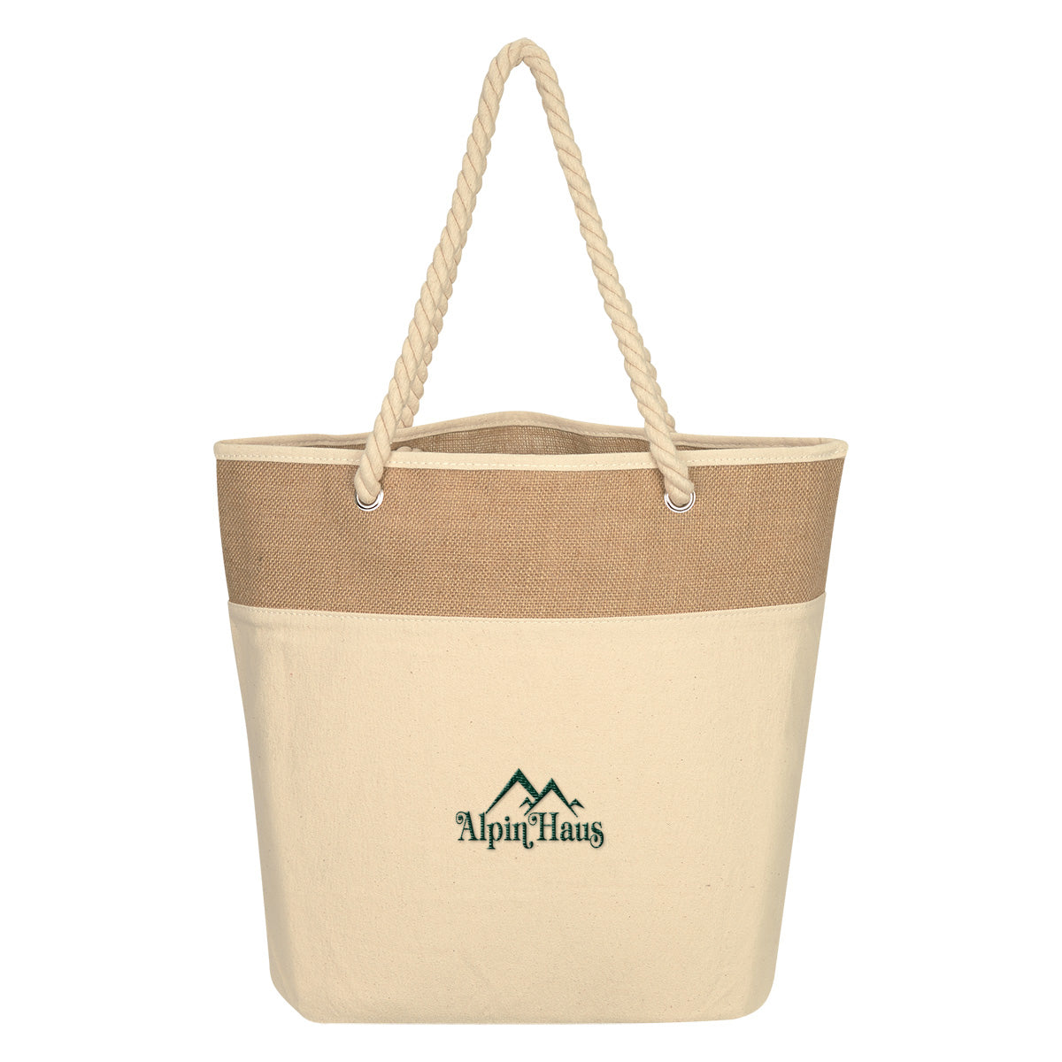 Burlap Rope Cotton Canvas Tote Bag, 12 oz - Natural Beige - Embroidery