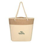 Burlap Rope Cotton Canvas Tote Bag, 12 oz - Natural Beige - Embroidery