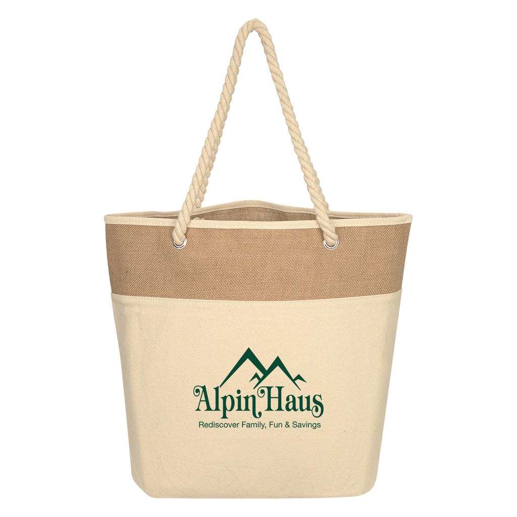 Burlap Rope Cotton Canvas Tote Bag, 12 oz - Natural Beige - Silk Screen