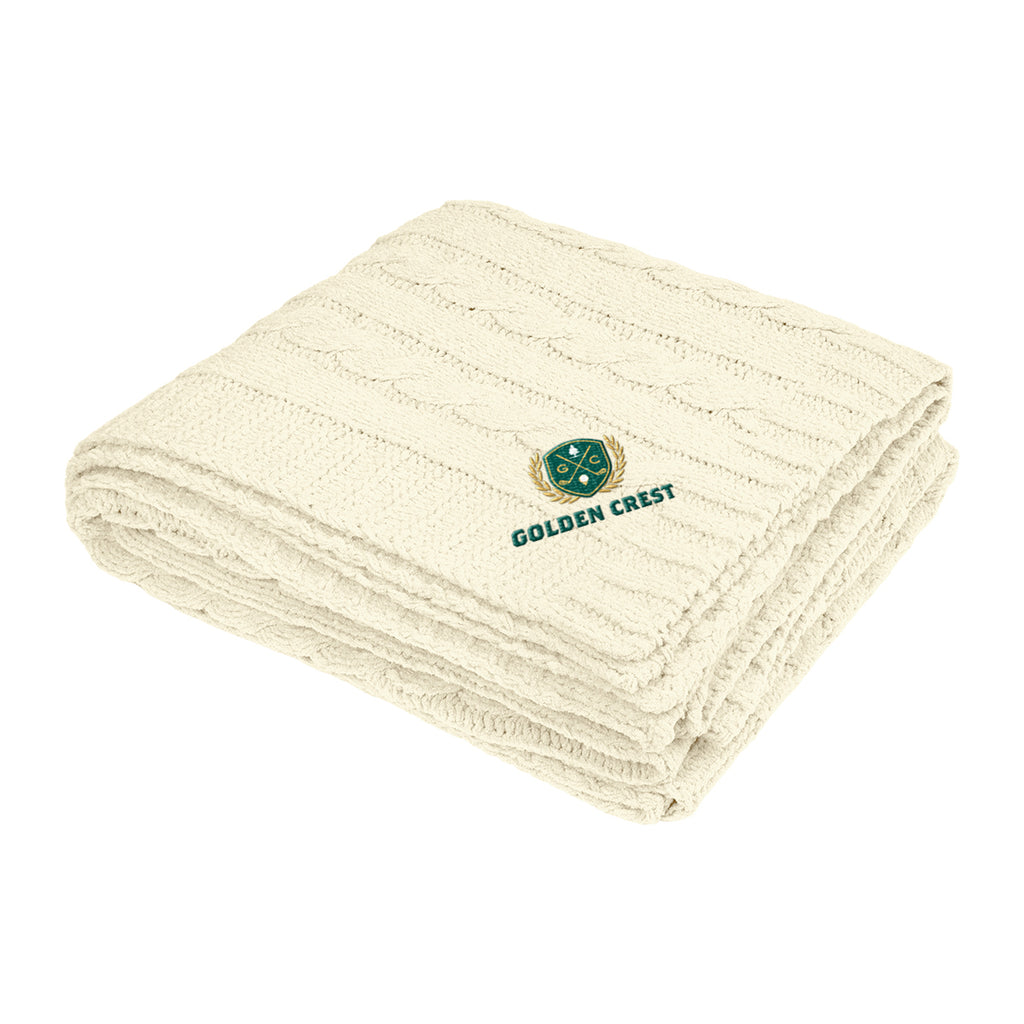 Cable Knit Chenille Blanket in Recycled PET - Cream - Embroidery