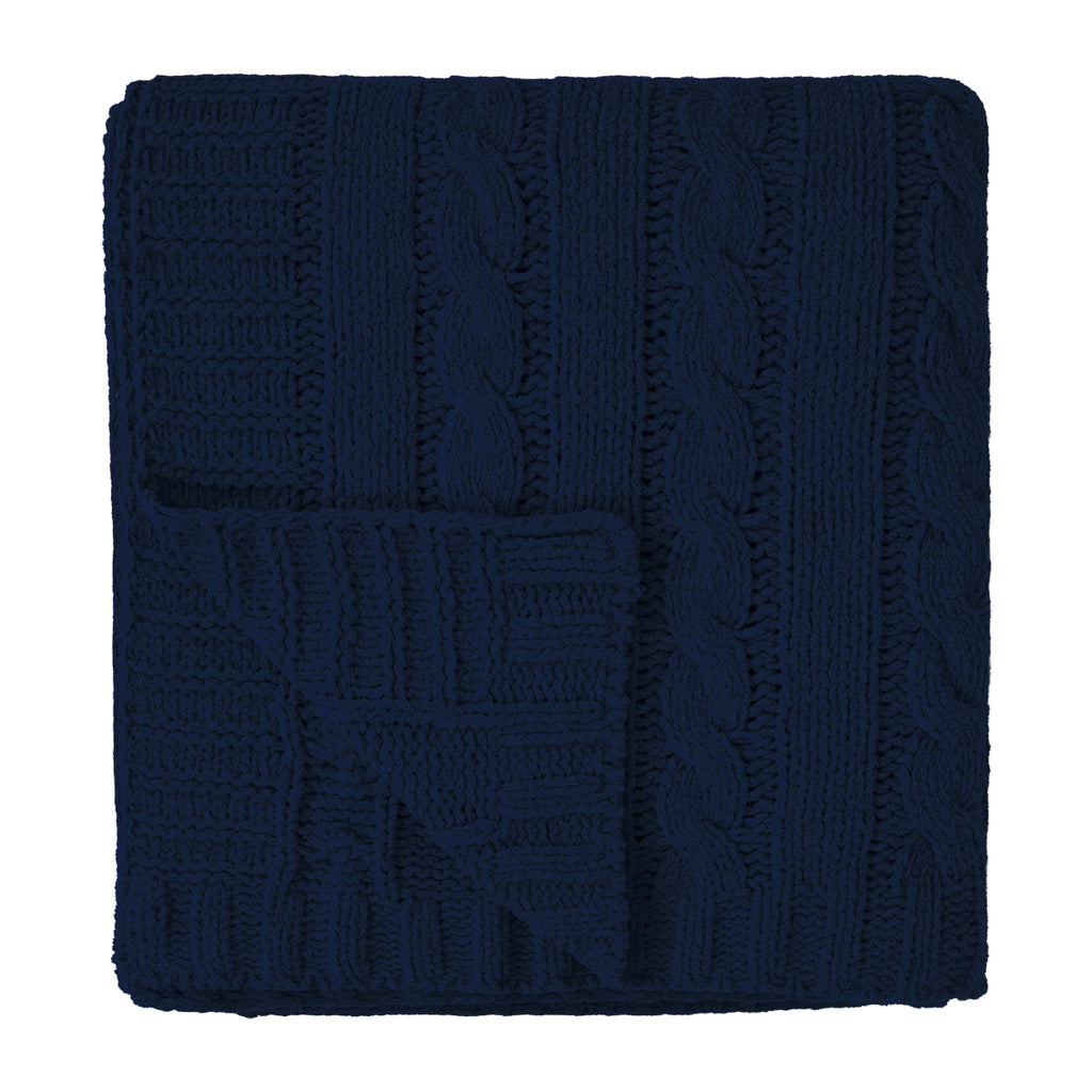 Cable Knit Chenille Blanket in Recycled PET - Navy - Folded