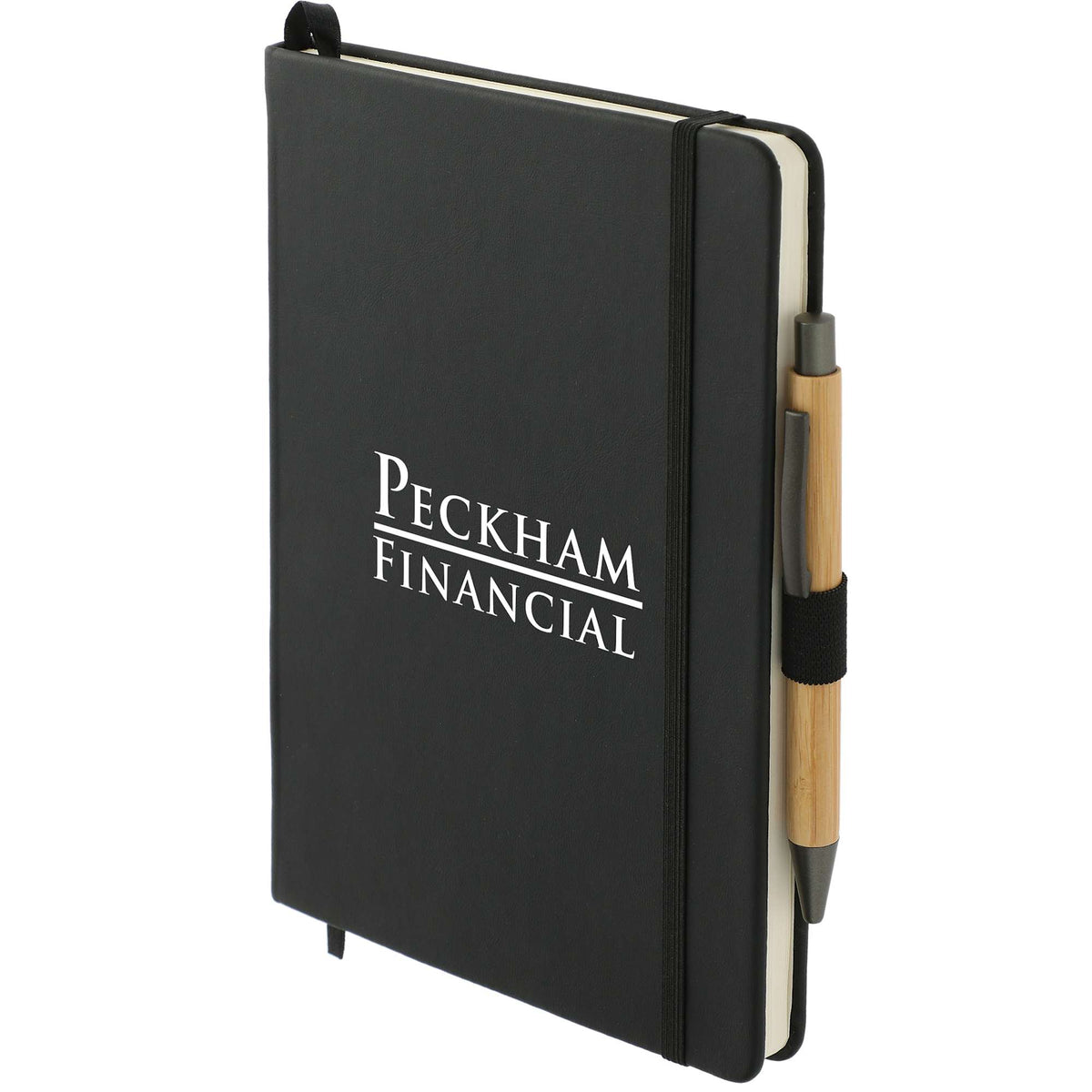 Cactus Leather Journal and Bamboo Gel Pen Set, 5.5 x 8.5 Inches - Black - Left Angle