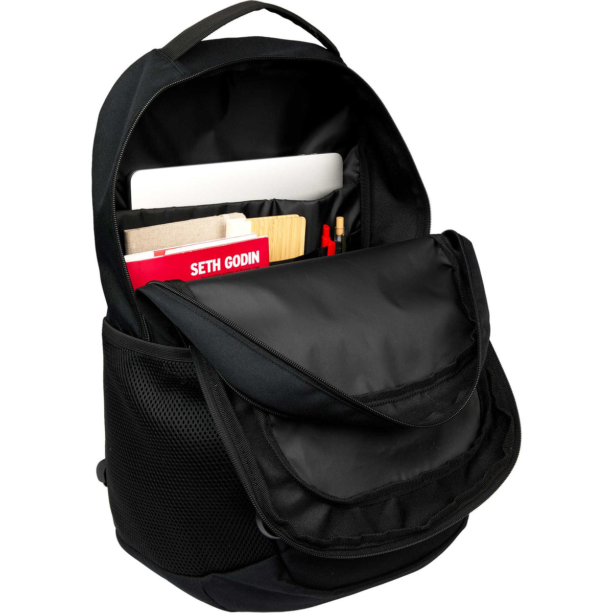 Cadence Laptop Backpack in Recycled Polyester, 15 Inch Transfer - Black - Propped