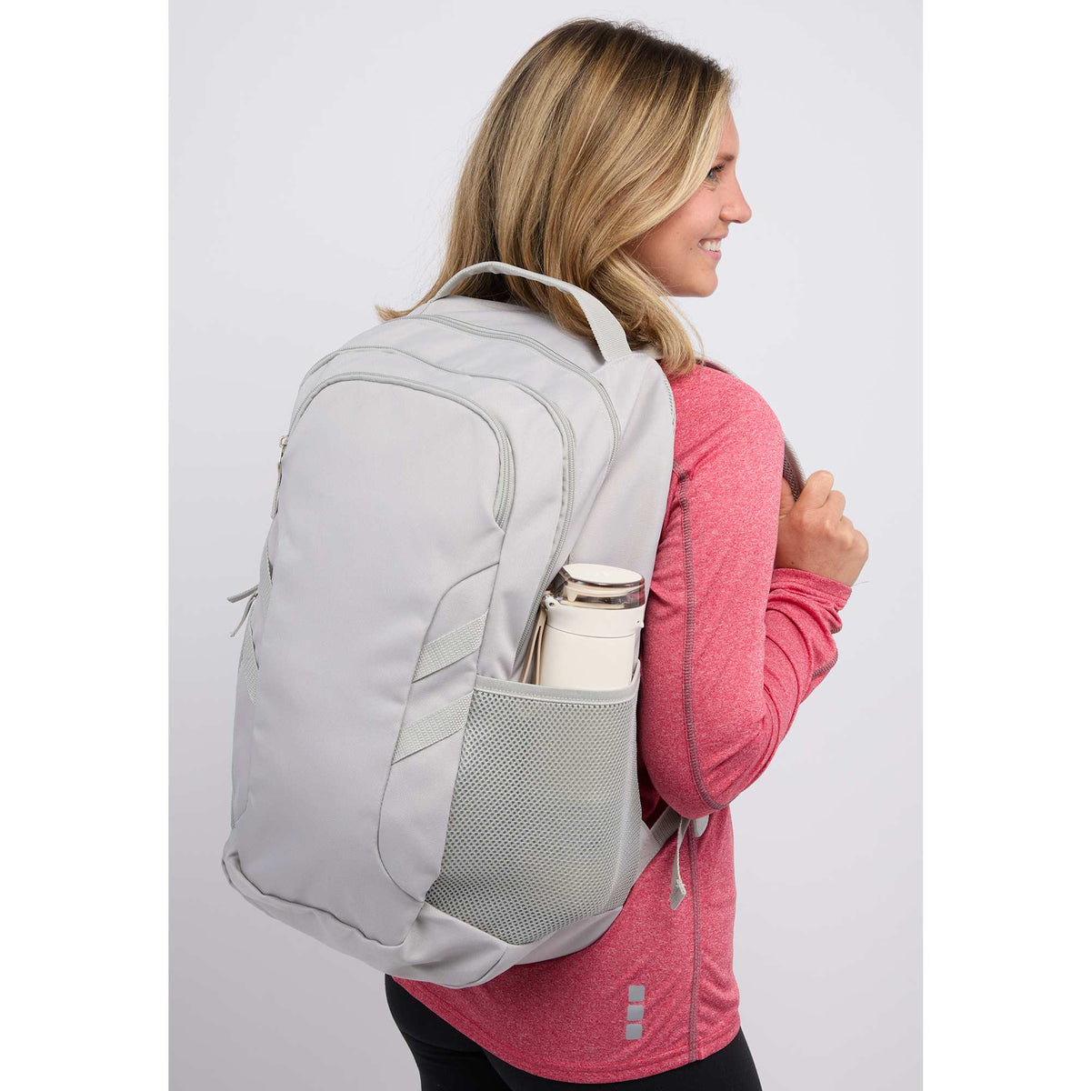 Cadence Laptop Backpack in Recycled Polyester, 15 Inch Transfer - Gray - On Model