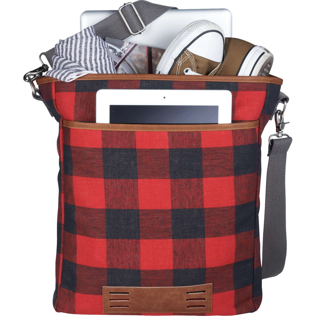 Campster Computer Tote in Buffalo Check Canvas, 15 Inch Debossing - Red - Front 2