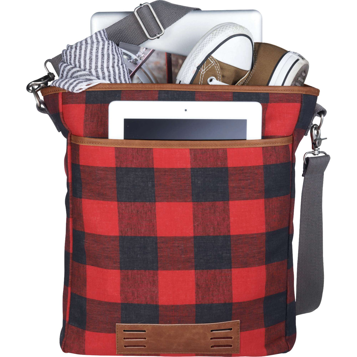 Campster Computer Tote in Buffalo Check Canvas, 15 Inch Debossing - Red - Front 2