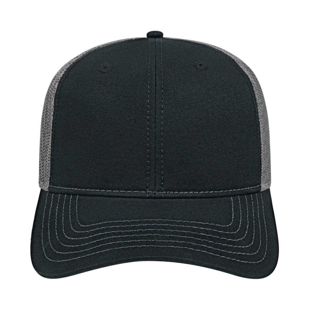 Cap America Chino Twill Trucker Cap with Mesh Back Embroidery - Black/Charcoal - Front 2