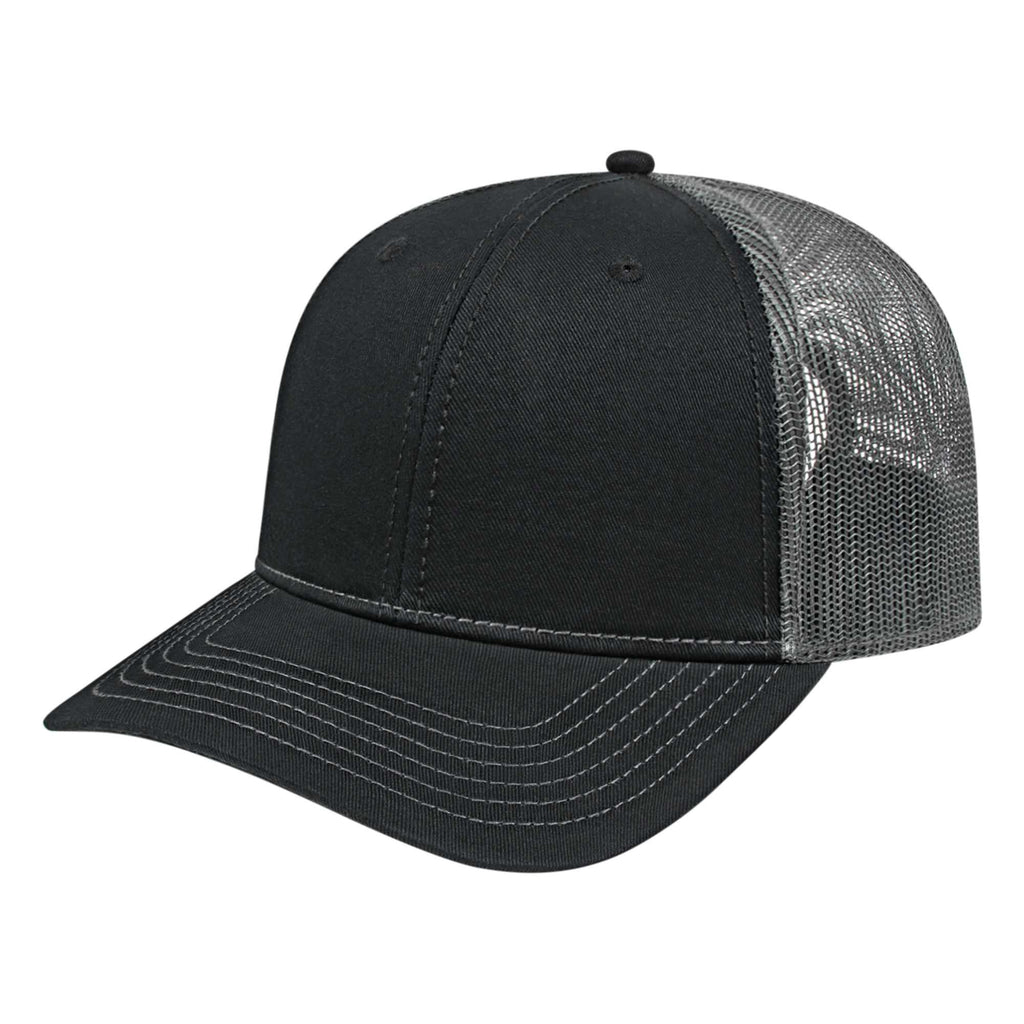 Cap America Chino Twill Trucker Cap with Mesh Back Embroidery - Black/Charcoal - Front