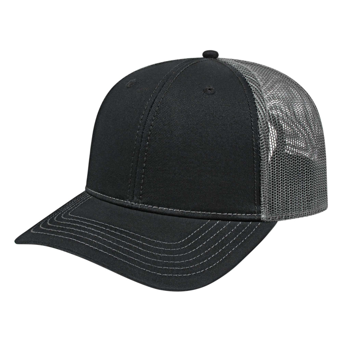 Cap America Chino Twill Trucker Cap with Mesh Back Embroidery - Black/Charcoal - Front