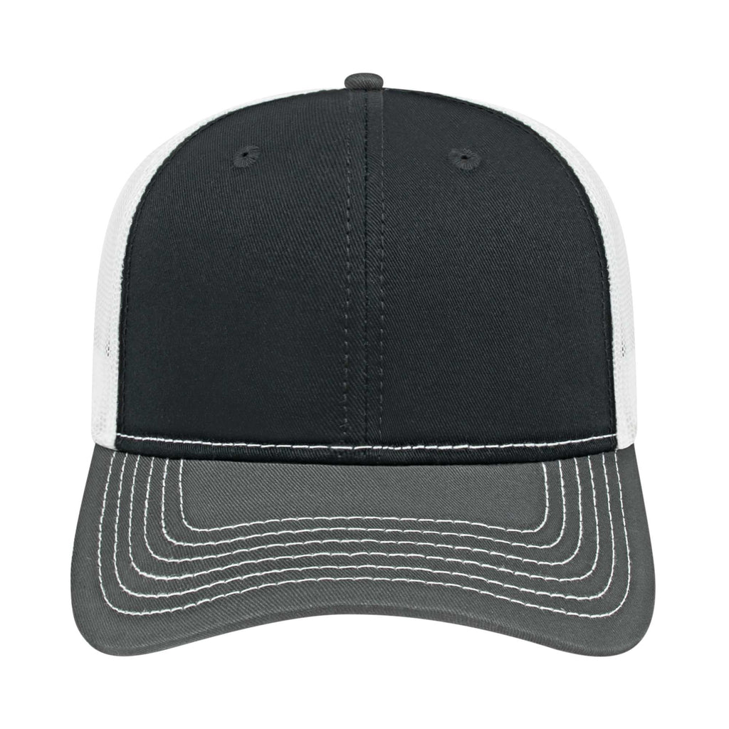 Cap America Chino Twill Trucker Cap with Mesh Back Embroidery - Black/Charcoal/White - Front 2