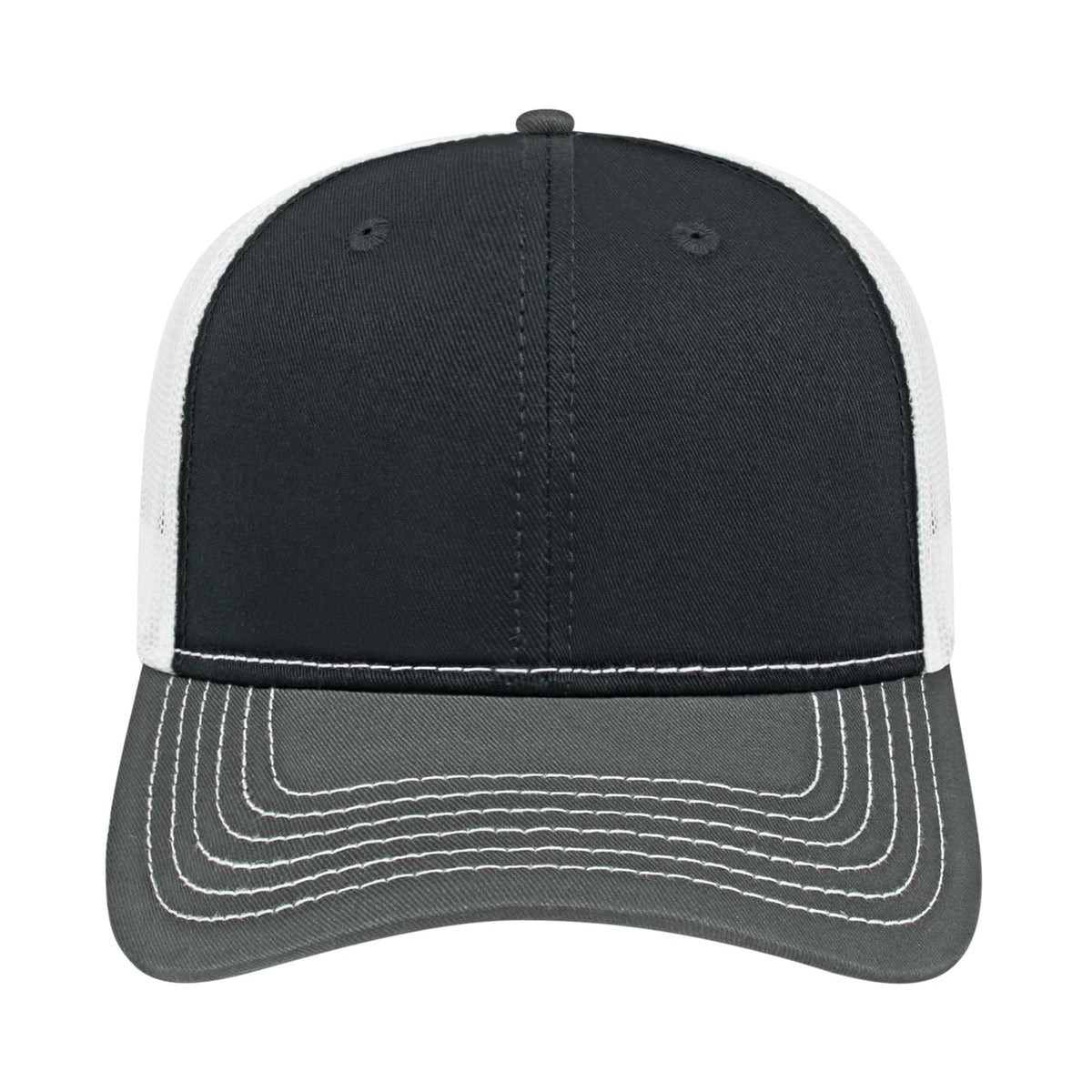 Cap America Chino Twill Trucker Cap with Mesh Back Embroidery - Black/Charcoal/White - Front 2
